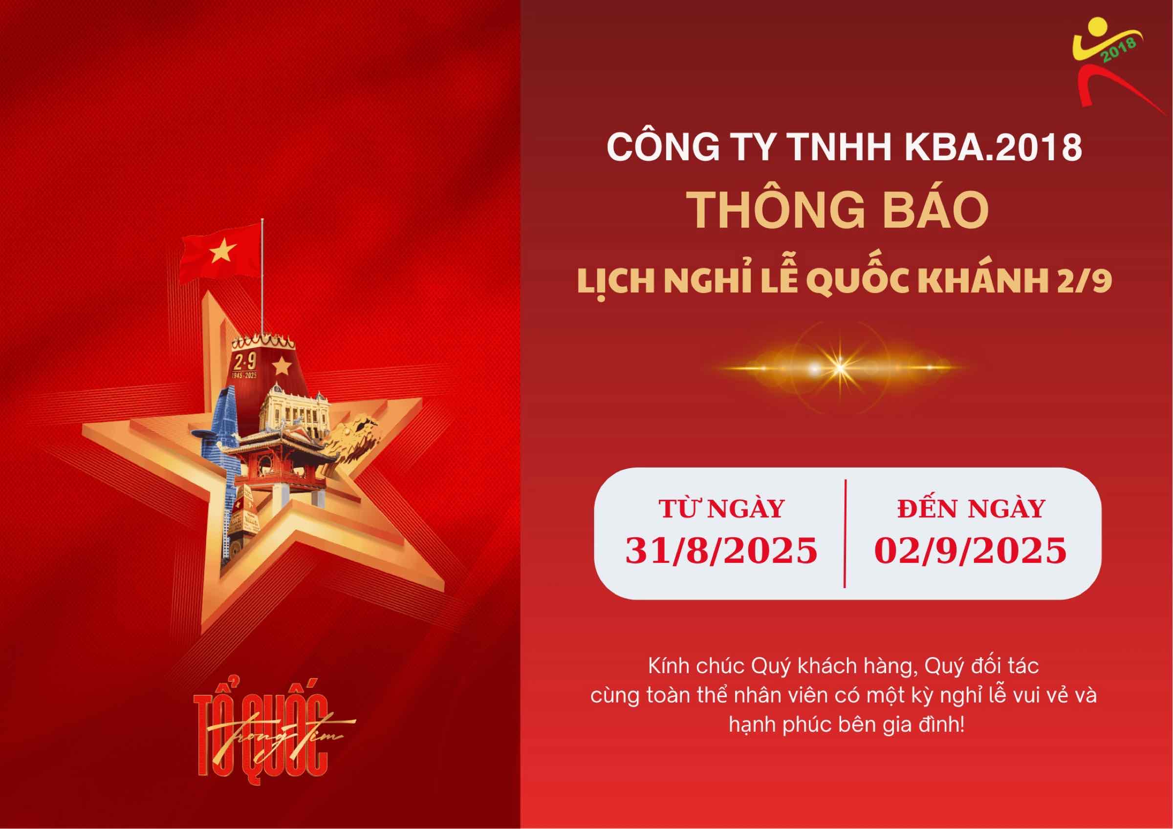 KBA.2018 Thông báo Lịch nghỉ Lễ Quốc Khánh 02/09/2025